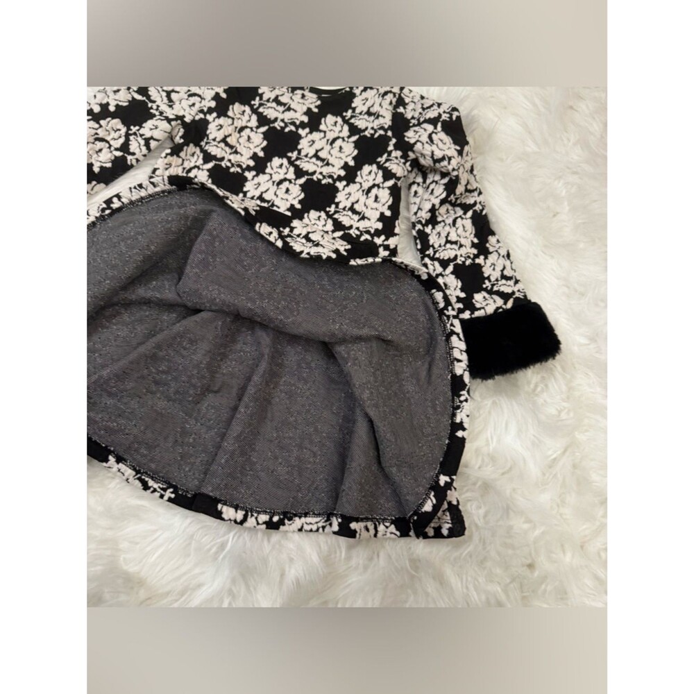 Janie and Jack Black Floral Dress Size 3 | Faux Fur Cuff Holiday Dress EUC - Picture 4 of 10